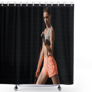 Personality  Young Sportive Girl Training With Stretching Band Shower Curtains