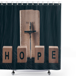 Personality  Wooden Cubes With Word Hope And Bible With Cross On Black Table Shower Curtains
