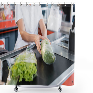 Personality  Cropped View Of Cashier Taking Lettuce From Supermarket Checkout Shower Curtains