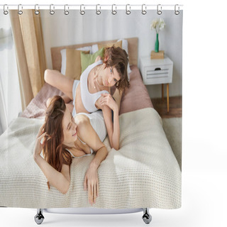 Personality  Two Women In Comfy Attire Embracing Each Other On A Bed In A Serene And Harmonious Moment. Shower Curtains