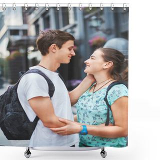 Personality  Young People, Couple With Bicycles On The Street Shower Curtains
