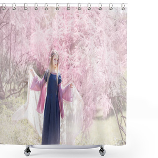 Personality  Fairy Tale Girl. Portrait Of Mystic Elf Girl. Cosplay Character. Portrait Of Elf In A Blooming Garden. A Girl With Long Ears Touches. Shower Curtains