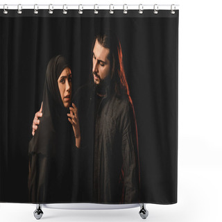Personality  Muslim Man Embracing Worried Wife Isolated On Black  Shower Curtains