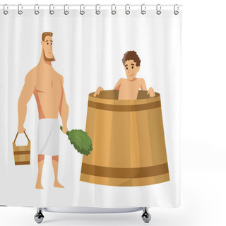 Personality  Young Man Sitting In A Tub. Bathhouse Or Banya Procedure. Vector Flat People. Activity For Wellness And Recreation. People Enjoying Sauna Procedures Shower Curtains