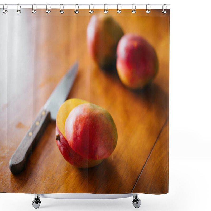 Personality  Close-up Of Fresh Yellow Mangoes With Knife On Wooden Table Shower Curtains