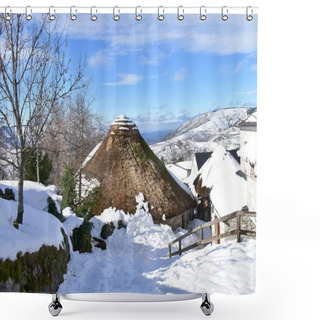 Personality  Famous Piornedo Mountain Village After A Snowfall With Ancient Round Palloza Stone Houses With Thatched Roofs. Ancares, Lugo, Galicia, Spain. Shower Curtains