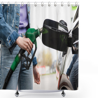 Personality  Partial View Of Young Woman In Jeans Holding Gasoline Pistol Near Automobile Shower Curtains