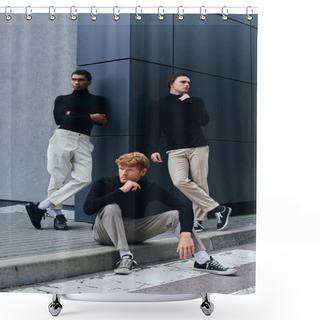 Personality  Vertical Shot Of Appealing Interracial Men In Elegant Turtlenecks Posing Lively On Wall Backdrop Shower Curtains