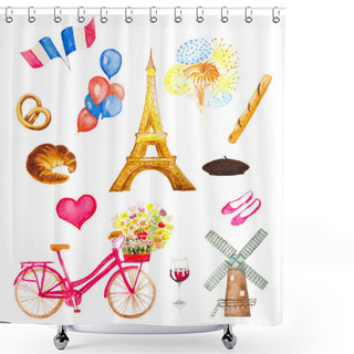 Personality  Watercolor Paris Icons Vector Illustration. Eiffel Tower, Bicycl Shower Curtains