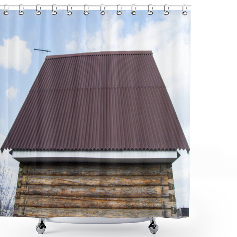 Personality  Modern Construction Of The Roof With Red Metal Siding To A Wooden House In The Garden. Shower Curtains