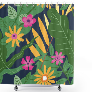 Personality  Decorative Tropical Or Exotic Blossom Of Plants. Blooming Flowers With Lush Leaves, Subtropical Climate For Royal Fern And Flourishing Of Botany. Botanic Background. Seamless Pattern, Vector In Flat Shower Curtains