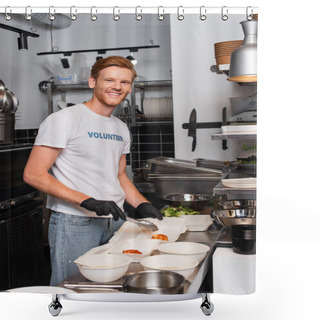 Personality  Happy And Redhead Volunteer In Latex Gloves Holding Tweezers Near Plastic Containers In Kitchen  Shower Curtains