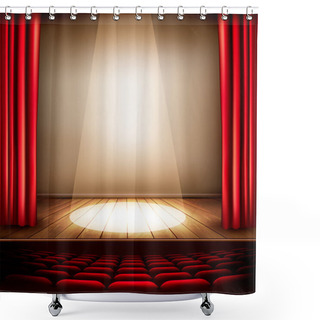 Personality  A Theater Stage With A Red Curtain, Seats And A Spotlight. Vecto Shower Curtains