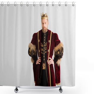 Personality  Handsome King With Crown With Hands On Hips Looking At Camera Isolated On Grey Shower Curtains