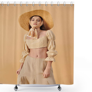 Personality  A Young Woman With Long Brunette Hair Strikes A Pose In A Straw Hat, Exuding A Summery And Carefree Vibe In A Studio Setting. Shower Curtains
