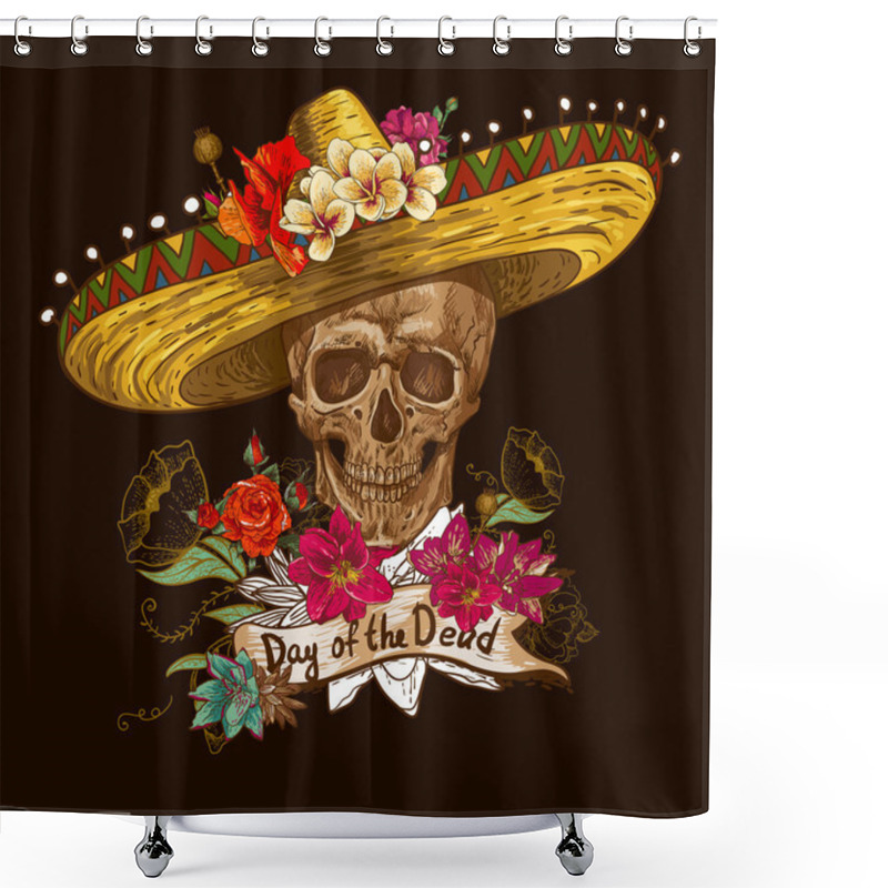 Personality  Skull in sombrero with flowers Day of The Dead shower curtains