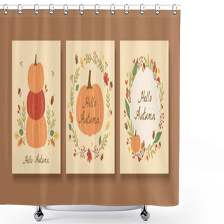 Personality  Hello Autumn Pumpkin Illustration Pattern Set With Acorns And Leaves Wreath Shower Curtains
