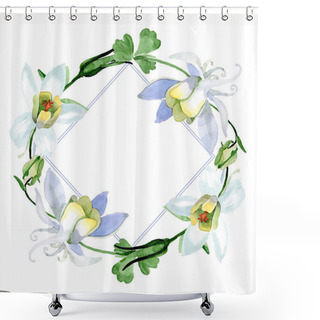 Personality  White Aquilegia Flowers. Frame Border Ornament Square. Watercolor Background Illustration. Beautiful Aquilegia Flowers Drawing In Aquarelle Style. Shower Curtains