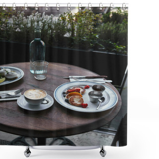 Personality  Syrniki With Coffee And Salad On Wooden Table At Restaurant Shower Curtains