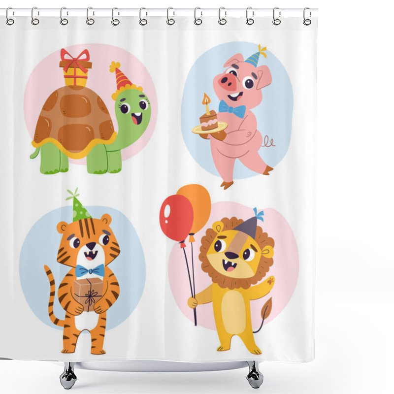 Personality  Birthday animal set. Cartoon cute animals with gifts, balloons and birthday cake. Colorful stickers, isolated on white background. A turtle, a pig, a tiger and a lion. shower curtains