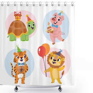 Personality  Birthday Animal Set. Cartoon Cute Animals With Gifts, Balloons And Birthday Cake. Colorful Stickers, Isolated On White Background. A Turtle, A Pig, A Tiger And A Lion. Shower Curtains