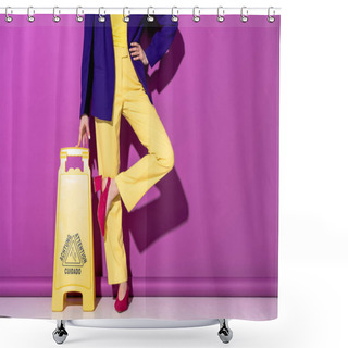 Personality  Cropped View Of Stylish Woman Standing On One Leg Near Wet Floor Sign On Purple Background Shower Curtains
