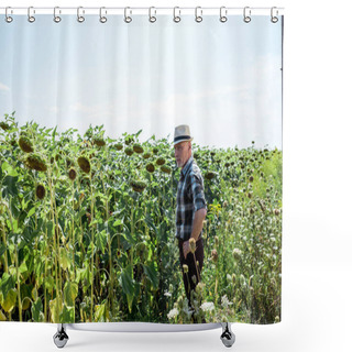 Personality  Farmer In Straw Hat Standing Near Blooming Sunflowers  Shower Curtains