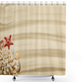 Personality  Top View Of Starfish, Seashells And White Coral On Sandy Beach In Summertime  Shower Curtains