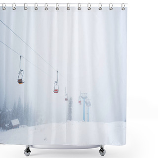 Personality  Scenic View Of Snowy Mountain With Gondola Lift In Fog Shower Curtains