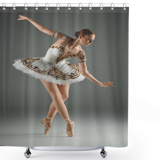 Personality  A Young, Talented Ballerina Gracefully Dances In A White Tutu With Gold Embellishments. Shower Curtains