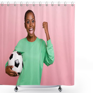 Personality  Photo Of Overjoyed Delighted Person Raise Fist Celebrate Triumph Hold Ball Isolated On Pink Color Background. Shower Curtains