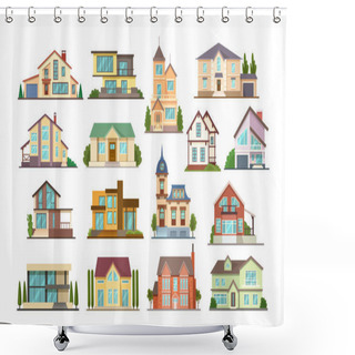 Personality  Set Colorful Country Town Houses With Roof, Suburban Cottages, Guest House, Mansion, Townhouse, House Brick, Buildings. Facade Apartment House. Real Estate Vector Illustration Isolated. Shower Curtains