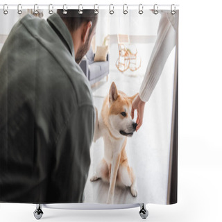 Personality  Back View Of Man And Cropped Woman Cuddling Akita Inu Dog Shower Curtains