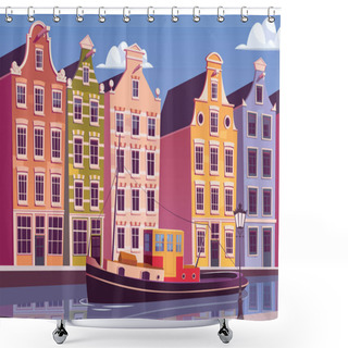 Personality  Tugboat In Amsterdam Canal Vintage Cityscape Vector Illustration Shower Curtains