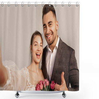 Personality  Happy Man Showing Thumb Up Near Excited Bride Isolated On Grey Shower Curtains