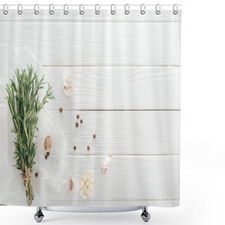 Personality  Top View Of Garlic Cloves, Black Pepper And Rosemary On White Wooden Table Shower Curtains