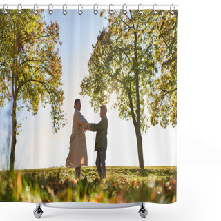 Personality  Silhouette Of Woman And Boy Holding Hands In Autumn Park, Fall, Bonding Between Mother And Son Shower Curtains