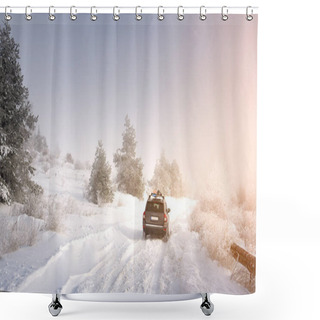 Personality  Beautiful Scenic View Of Empty Country Road Drive With Snow Covered Forest Landscape While Snowing In Winter Season. Car Driving And Crossing The Mountain.  With Sunrise Sun Shower Curtains