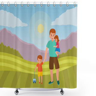 Personality  Happy Father S Day. Dad With His Son And Daughter In His Arms Outdoors With Mountains And Hills Nature Background. Greeting Card For The Holiday. Shower Curtains