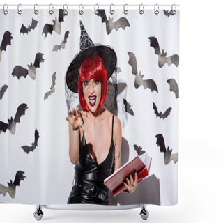Personality  Girl In Black Witch Halloween Costume With Red Hair Holding Book Near White Wall With Decorative Bats Shower Curtains