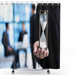Personality  Close Up Of Businessman Hand Holding Hourglass. Shower Curtains