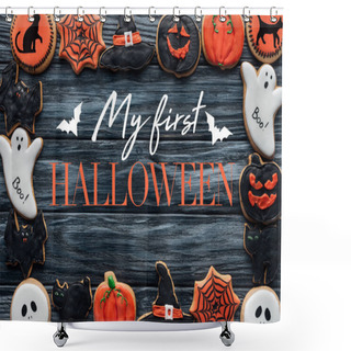Personality  Frame Made Of Spooky Halloween Homemade Cookies On Black Wooden Background With Bats 
