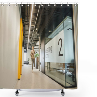 Personality  Motion Blur Of Businessman With Mobile Phone Walking Along Meeting Room In Corridor Of Contemporary Coworking Office With High Tech Interior, Dynamic Business Concept Shower Curtains