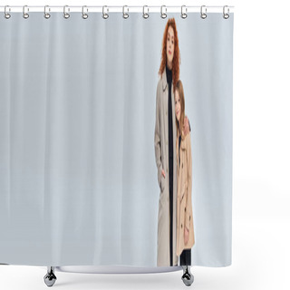 Personality  Two Generations, Redhead Woman Embracing Daughter And Standing In Coats On Grey Backdrop, Banner Shower Curtains