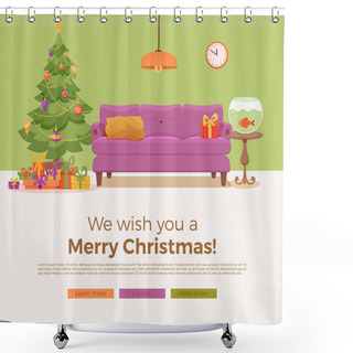 Personality  Christmas Room Interior In Colorful Cartoon Flat Style Shower Curtains