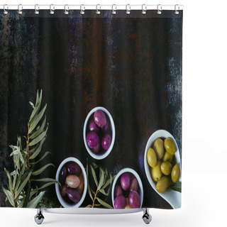 Personality  Elevated View Of Different Olives For Olive Oil And Twigs On Shabby Surface  Shower Curtains