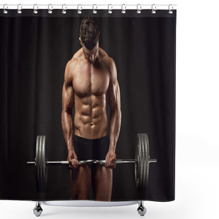 Personality  Muscular Bodybuilder Guy Doing Exercises With Big Dumbbell Shower Curtains