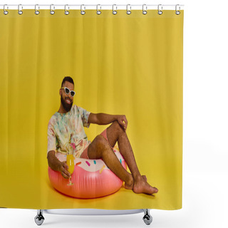 Personality  A Man Sits Peacefully On A Massive Inflatable Object, Pondering The World Around Him As He Floats Gently On The Waters Surface. Shower Curtains