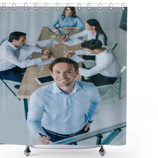 Personality  Selective Focus Of Smiling Businessman At White Board And Coworkers At Workplace In Office Shower Curtains