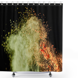 Personality  Cosmetic Brush With Colorful Yellow And Orange Powder Explosion On Black Background Shower Curtains